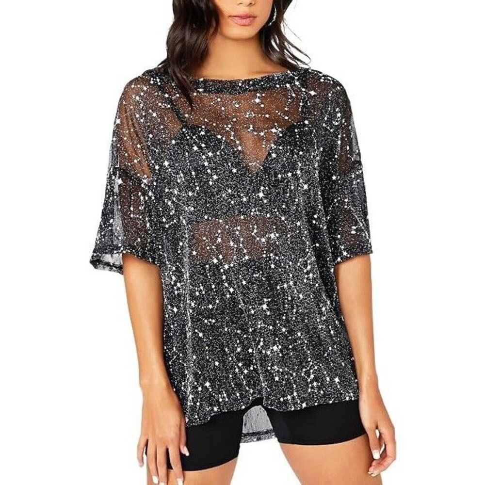 Glitter Star Constellation Mesh Top Womens XXL Celestial Whimsygoth Punk Goth